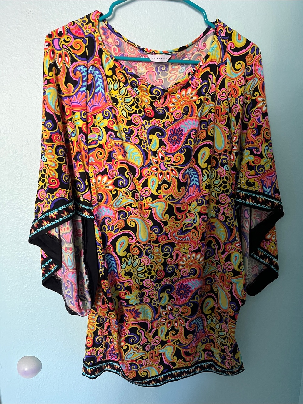 Trina Turk Black Multi Paisley Flutter Sleeve Tunic swim coverup